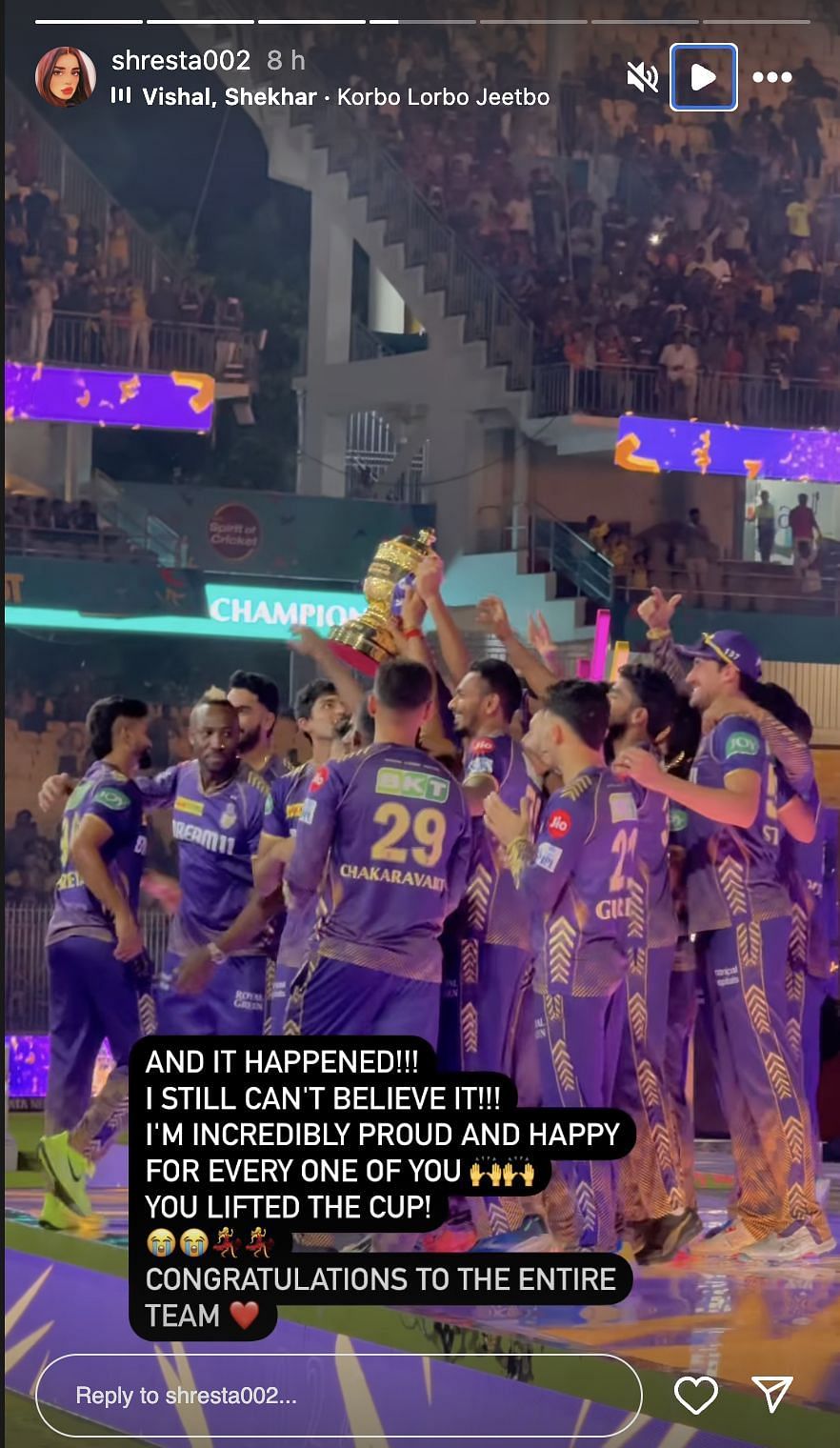 Shreyas Iyer's sister congratulates the KKR team. (Credit: Instagram)